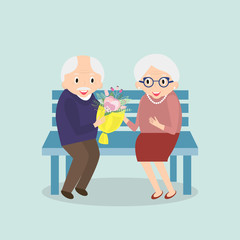 Old couple together. Seniors happy leisure. Grandpa and grandma sitting on the bench. Vector illustration