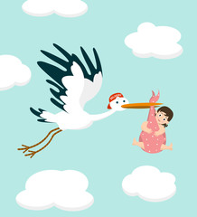 Stork carrying a cute  baby girl. Newborn baby. Vector illustration