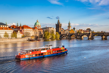 Naklejka premium Prague, Czech Republic. Charles Bridge, boat cruise on Vltava river