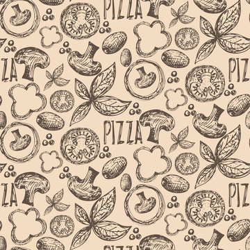 Seamless pattern hand drawn delicious pizza with tomatoes, mozza