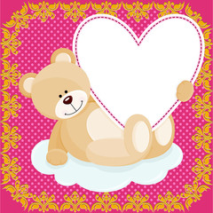 Cute teddy bear hugging heart on love background
