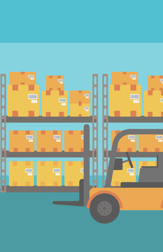 Background of forklift truck and cardboard boxes in warehouse.