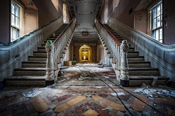 Papier Peint photo Rudnes Entrée principale avec escalier symétrique d& 39 un hôpital psychiatrique désaffecté (démoli en 2015)