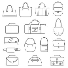 Bag, purse, handbag and suitcase simple icons set. Accessory symbols set. Vector illustration.