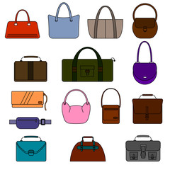 Bag, purse, handbag and suitcase simple icons set. Different colors. Isolated on white background. Vector illustration.