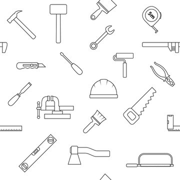 Seamless pattern of repair tool icons. Home repair signs. Worker tools. Isolated on white background. Vector illustration.