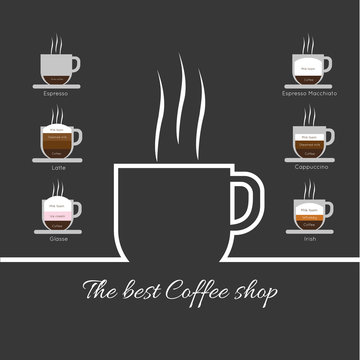 A white cup of coffee with steam, with best coffee shop inscription and espresso, latte, glasse, espresso macchiato and cappuccino, in outlines, over a silver background, digital vector image