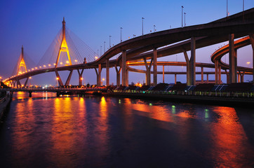 Bhumibol Bridge in Thailand, The bridge crosses the Chao Phraya River.