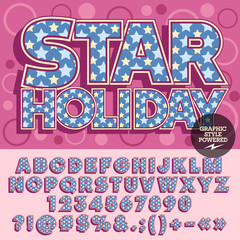 Fototapeta na wymiar Vector unique bright alphabet. Poster with text Star holiday with circles on background. Set of numbers, symbols and letters with blue and yellow stars