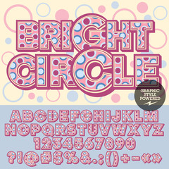 Vector sweet alphabet with circles. Cute banner with text Bright circle. 
Set of numbers, symbols and letters with pink, blue and purple bubbles