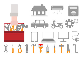 Repair and fixing icons for home, car, mobile phone, computer, m