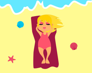 Girl in swimsuit sunning on the beach. Vector illustration