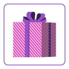 Colorful wrapped gift box icon. Presents decoration Flat design. Christmas surprise with bow isolated on white background. Symbol birthday, anniversary, celebration, happy holiday. Vector illustration