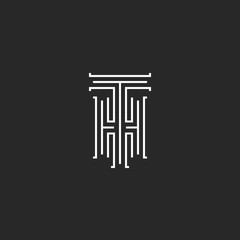 Hipster Initials TH logo wedding invitation, couple letters T H thin line black and white style, HT combination letters business card emblem