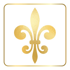 Golden fleur-de-lis heraldic emblem. Gold foil sign, isolated on white background. Design lily insignia element. Glowing french fleur de lis royal lily. Elegant decoration symbol. Vector Illustration. © alona_s