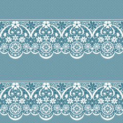 White seamless lace pattern on blue background