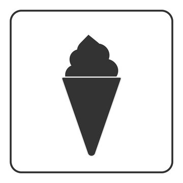 Ice cream icon. Ice-cream cool waffle cone sign. Black object isolated on white background. Symbol of delicious dessert, sweet cold food, summer, tasty flavor. Flat design element. Vector illustration