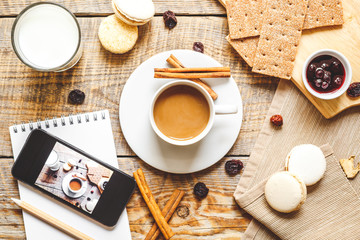 breakfast at home on wooden table with cup of  coffee