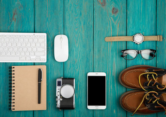 shoes, camera, smartphone, notepad, watch, glasses, keyboard