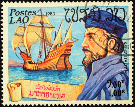 Ferdinand Magellan and ship "Victoria" on postage stamp