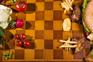 The war against healthy eating street food on the chessboard.