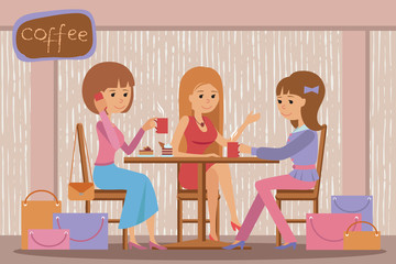 Three beautiful women talking at coffee shop while drinking hot coffee