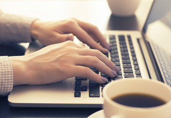 Fototapeta na wymiar Female hands typing on laptop.
