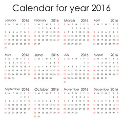 Simple 2016 Calendar - week starts with Sunday, isolated on white background, vector illustration.