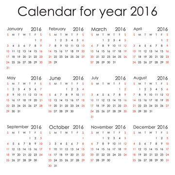Simple 2016 Calendar - week starts with Sunday, isolated on white background, vector illustration.