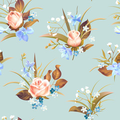 Seamless pattern with roses and spring flowers. Vector illustration.