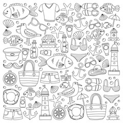 Doodle beach and Travel icons Hand drawn picture