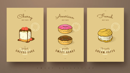 sweet collection of cherry cheese cake, donut and cream puffs