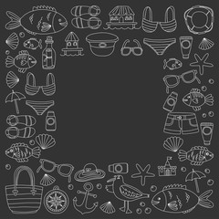Doodle beach and Travel icons Hand drawn picture