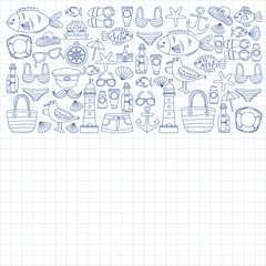 Doodle beach and Travel icons Hand drawn picture