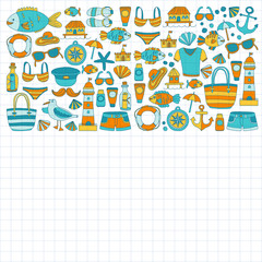 Doodle beach and Travel icons Hand drawn picture