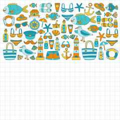 Fototapeta premium Doodle beach and Travel icons Hand drawn picture