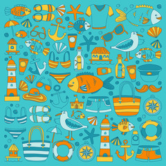 Doodle beach and Travel icons Hand drawn picture