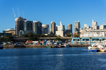 Sydney CBD city view of Barangaroo and Central Business District. Office and residential skyscraper...