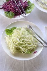 sliced cabbage in a white dish of vegetable salad.