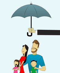 Happy and loving family with children under umbrella