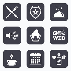 Food icons. Muffin cupcake symbol. Fork, knife.