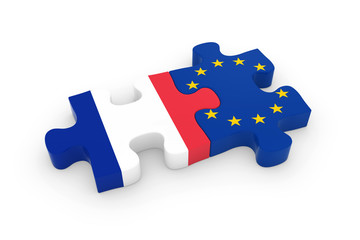 France and EU Puzzle Pieces - French and European Flag Jigsaw 3D Illustration