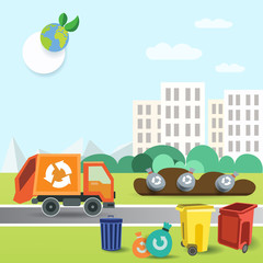  garbage truck. garbage removal transportation to dumb near the city . Vector Illustration