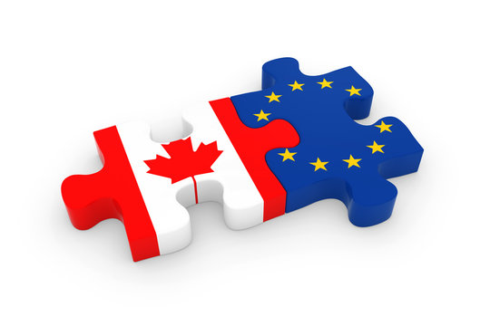 Canada and EU Puzzle Pieces - Canadian and European Flag Jigsaw 3D Illustration