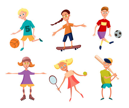 Collection of Cute Happy Children Playing Sports. Active Kids. Vector Illustration