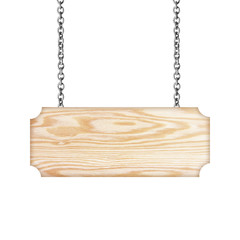 Wooden sign hanging on a chain isolated on white