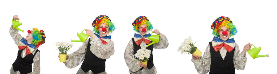 Female clown with watering can isolated on white