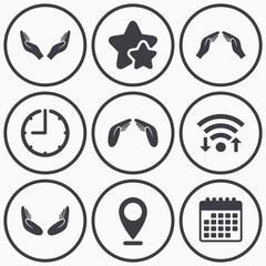 Hands icons. Insurance and meditation symbols.
