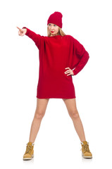 Pretty girl in red dress isolated on white