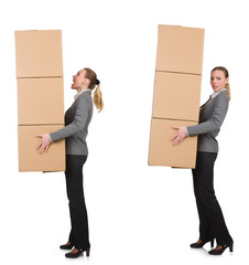 Composite image of woman with boxes on white